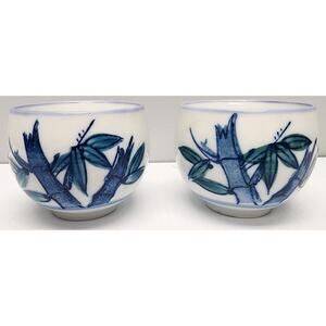 Vintage Japanese Porcelain Rice Bowls Set of 2 Blue Rim Hand Painted 3" Heavy